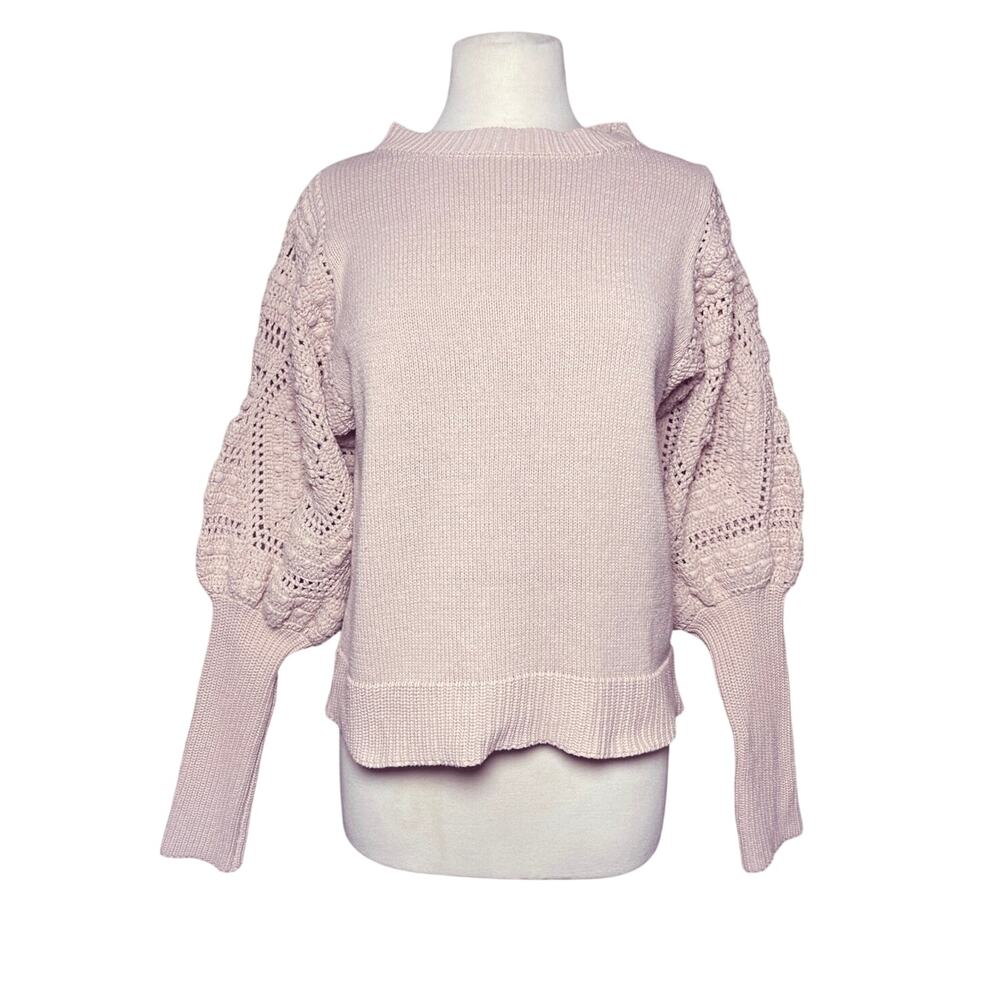 FATE Women’s Blush Pink Crochet Puff Sleeve Pull Over Sweater